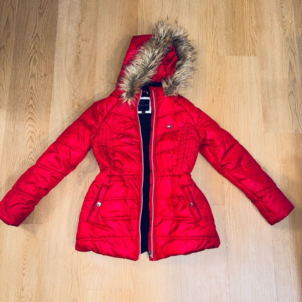 Tommy Hilfiger Vibrant Red Puffer Jacket with Faux Fur